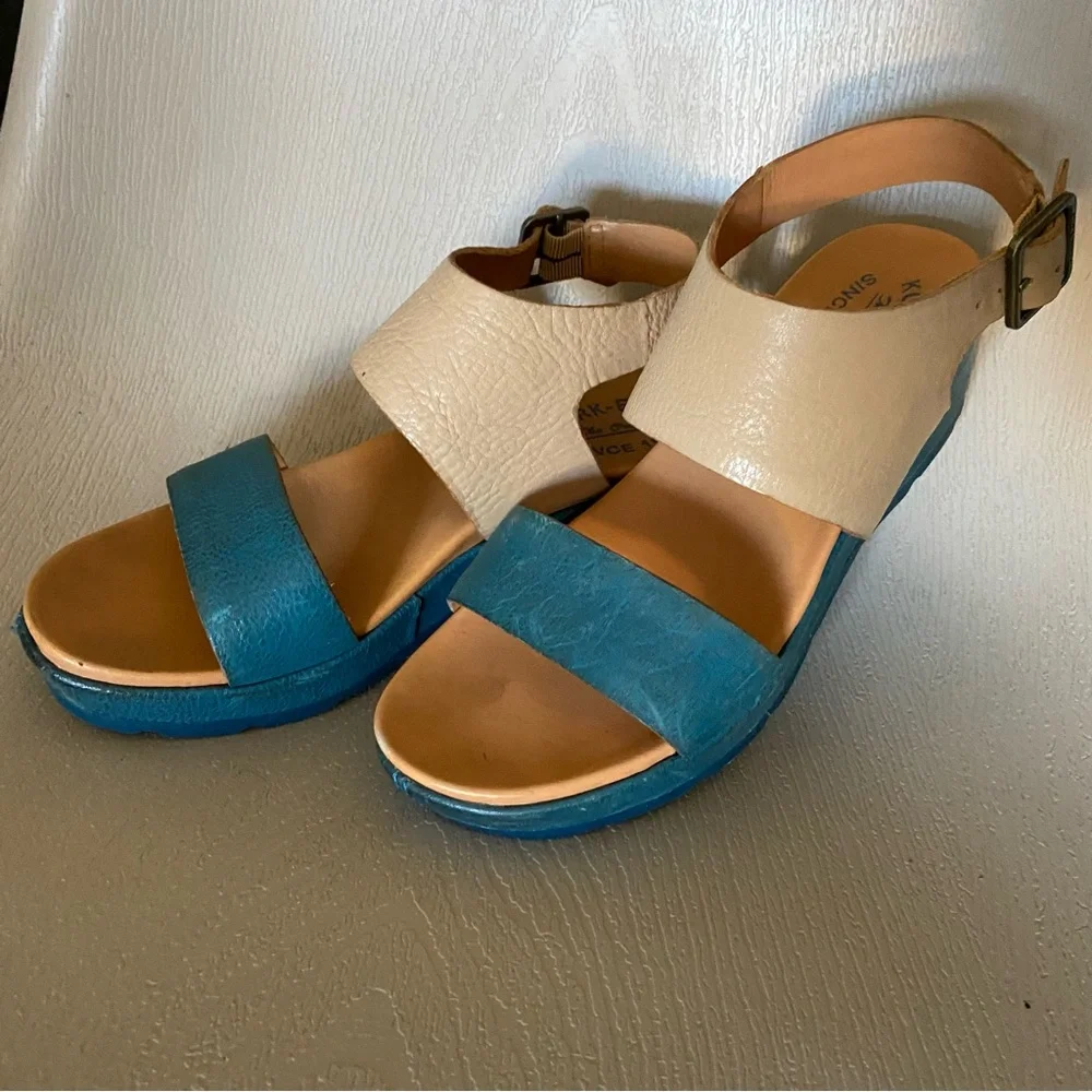 Kork-Ease leather wedge teal blue platform strap buckle sandals 8m